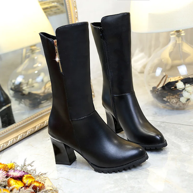 

Autumn & Winter New Style Women's Boots High Heel Boots with Chunky Heels Waterproof Platform Comfortable Riding Boots Middle Bo