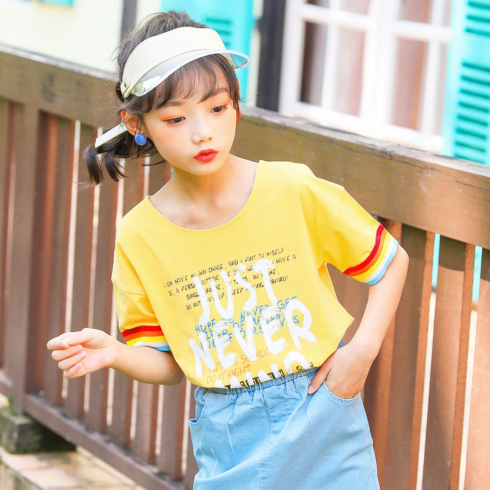 Girls Clothes Short Sleeve T-shirt Cotton Yellow Tops Printed Letters Kids Shirts Children's Clothing Cotton Round-collar
