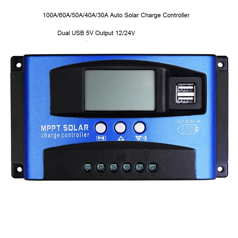 

100A/60A/50A/40A/30A Auto Solar Charge Controller MPPT With Dual USB 5V Output 12/24V Solar Panel Battery Regulator Charge