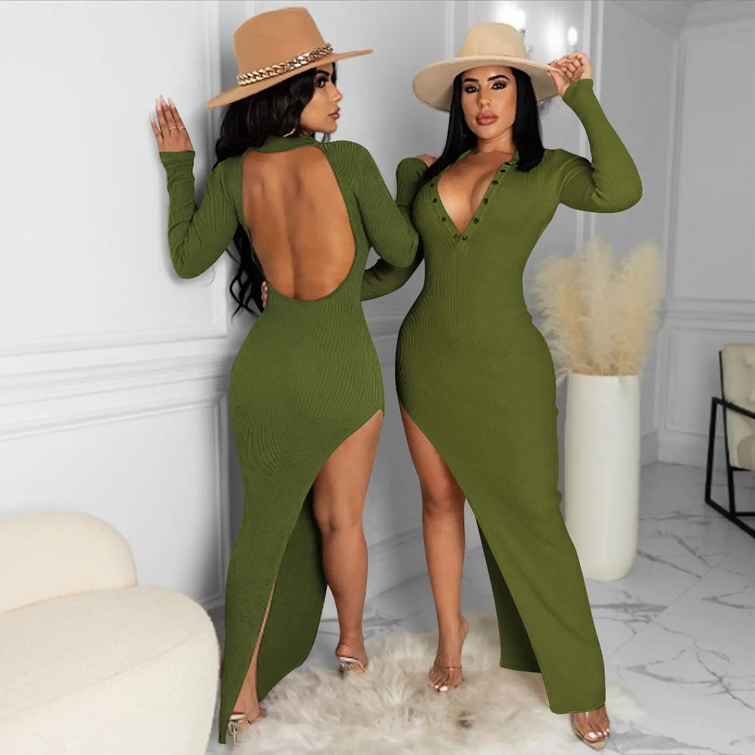 

Knitted Women Long Sleeve Maxi Dress Sexy Deep V Neck Backless Hollow Out Split Bodycon Dresses 2021 Autumn Winter Streetwear