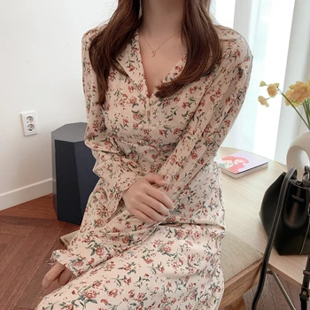 

Vestidos Elegantes Floral Dress a Line Chiffon Midi Long Sleeve Flower v Neck Spring Korean Summer Beach Retro Robe Vintage Ju