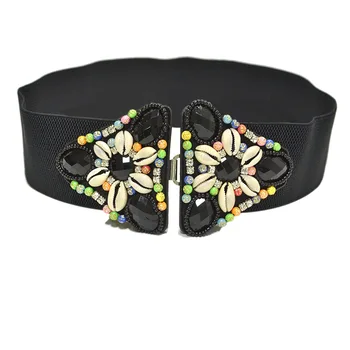 

Hot New Fashion Beads Design woven elastic Artificial Rice Bead wide belt lady fashion Cummerbunds Female belts girdle for women