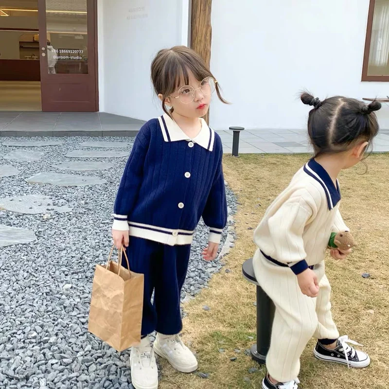 

Children's clothing, girls' wool suit, college style, spring and autumn clothing, new children's air suit two-piece knitting set