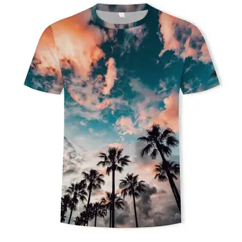 

d natural/landscape printing men's short sleeve shirt round neck 3D sky/grassland/trees men's shirt