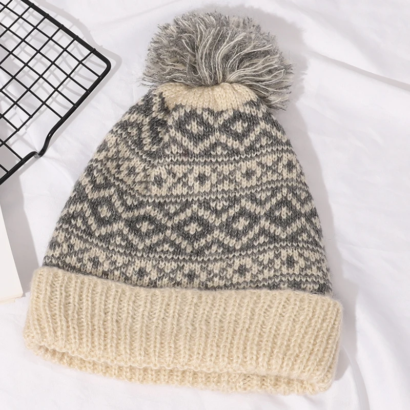 Winter Hats For Women To Keep Warm Pompoms Natural Knit Hat Women Beanie Cotton Fluffy Hat Hedging  Cap Variegated Plaid Cap New 6