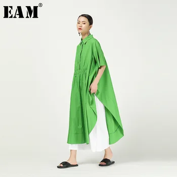 

[EAM] Women Asymmetrical Green Big Size Blouse New Lapel Long Sleeve Loose Fit Shirt Fashion Tide Spring Autumn 2020 1T642
