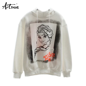 

Artsnie character print terry white casual women sweatshirt hooded long sleeve oversized hoodies streetwear winter sweatshirts