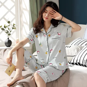 

Summer thin cotton pajamas women's short-sleeved cropped pants lapel loose home suit pj sets for women Pet clothes sleepwear