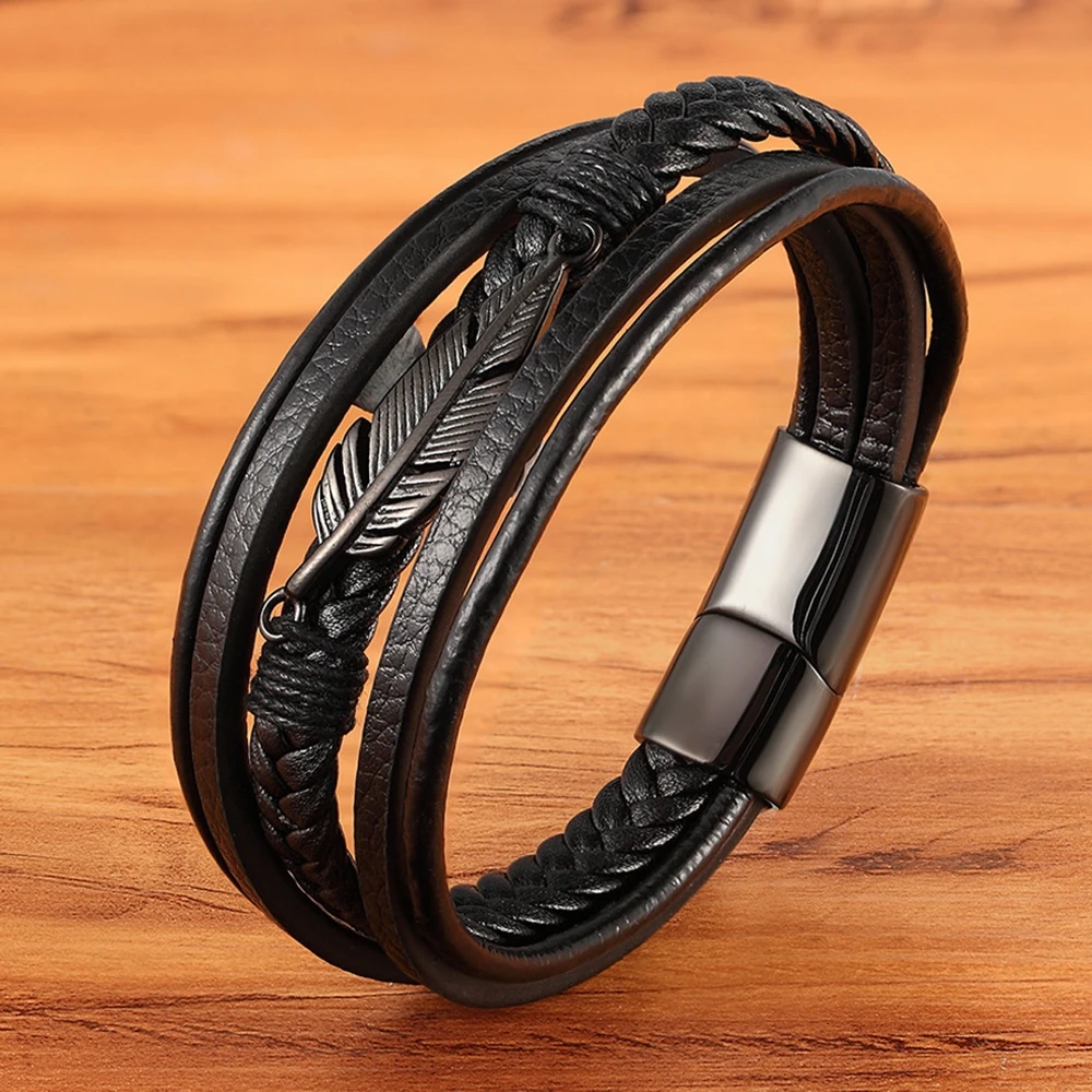 Multi-layer Leather Feather Shape Accessories Men’s Bracelet Stainless Steel Leather Bracelet For Special Birthday Present
