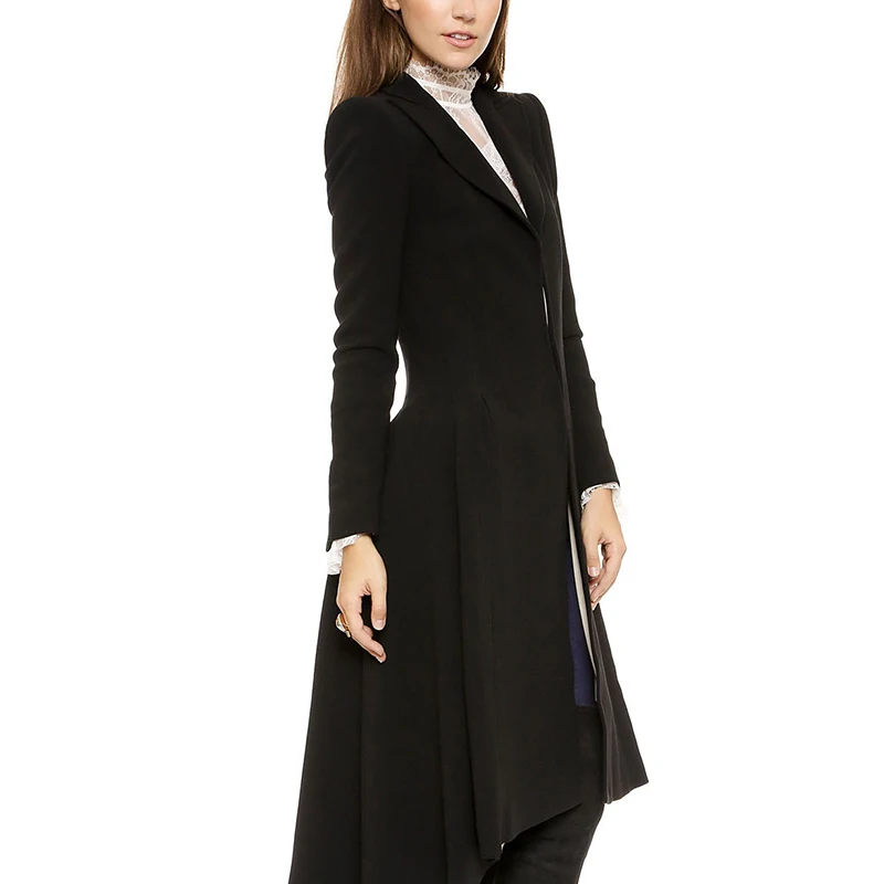 

Bule Women's Tops Lapel Coat Jacket Solid Color Rear Swallowtail Woolen Outerwear Long Coat