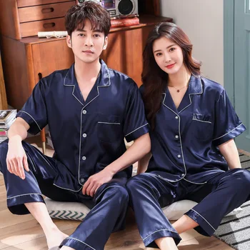 

Lovers Home Clothing Satin Pajamas Suit Navy Blue Intimate Lingerie Sleep Set Men And Women Sleepwear Summer New Pyjamas