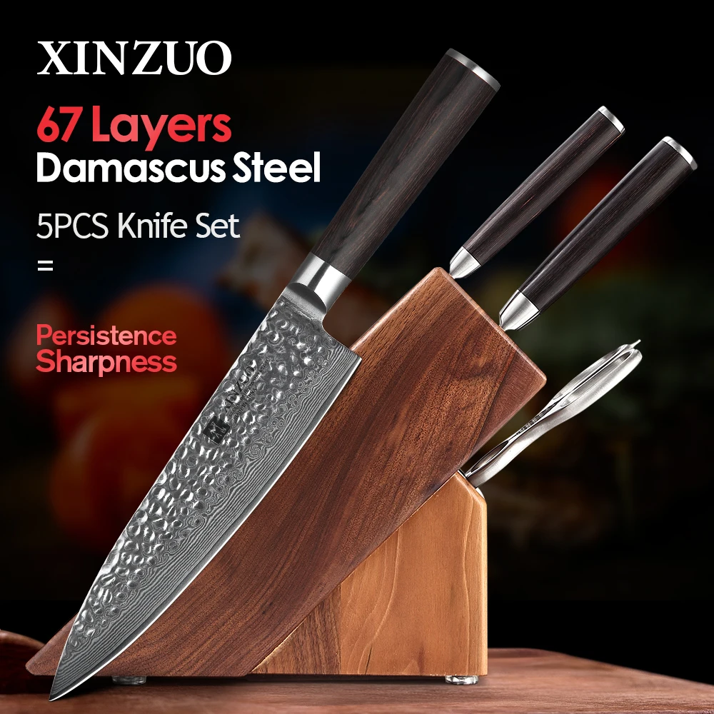 XINZUO 5pc Kitchen Knife Set Damascus Steel High Carbon Steel Chef Knife Slicing Knife Santoku Knife Utility Knife Paring Knife Sets with Pakkawood