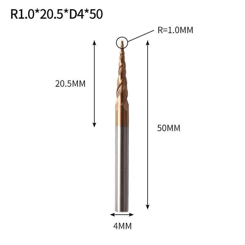 Augusttools Tapered cone Ball Nose End Mill HRC60 Cnc Taper Wood Metal Cutter Tungsten Solid Carbide Tapered Milling Cutter 4mm - Длина режущей кромки: R1X20.5XD4X50L