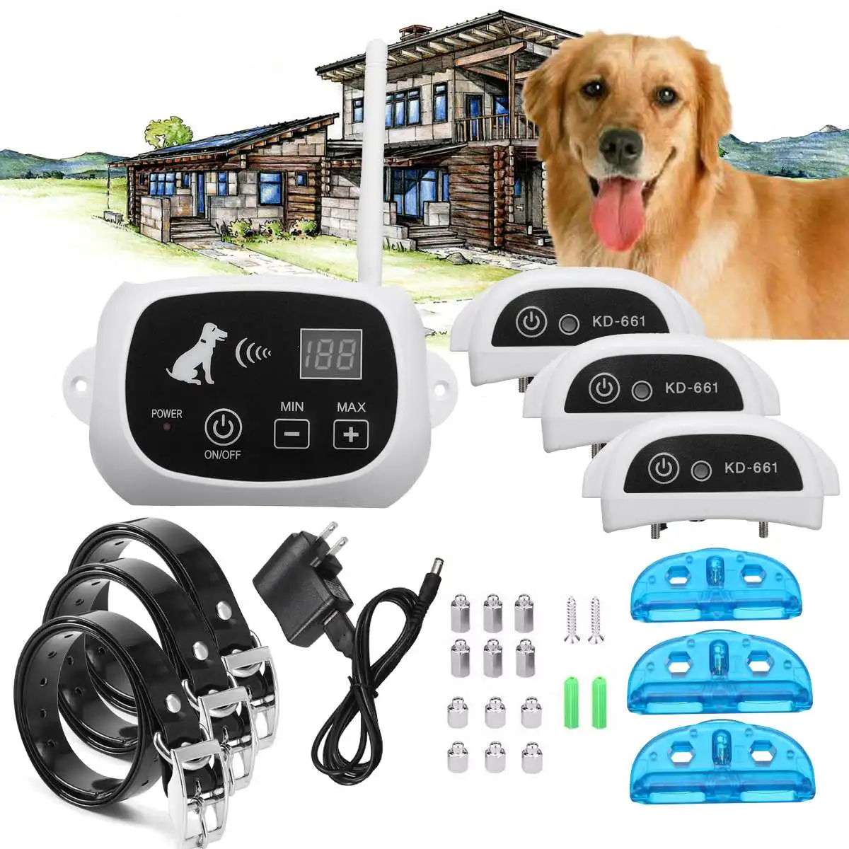 

Wireless Pet Electronic Fence 3 Dog Fence No-Wire Outdoor Training Containment System Collar Rechargeable
