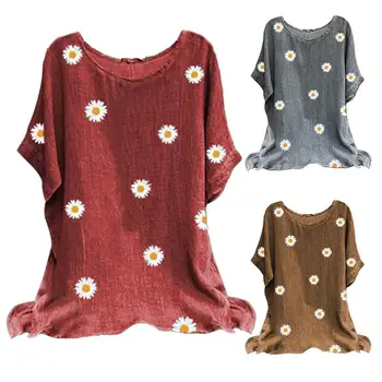 

Women O Neck Short Sleeve Marguerite Print Cotton Linen Loose T-shirt Blouse Top wear comfortably Easy to Match