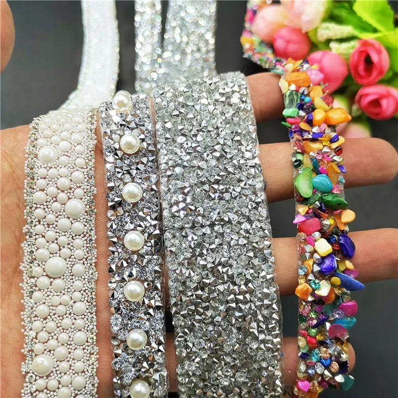 40cm White Pearl Beaded Lace Tape Lace Ribbon hot fix Fabric Collar Dress iron on Garment Headdress shoes DIY Materials silk bow knot rosette
