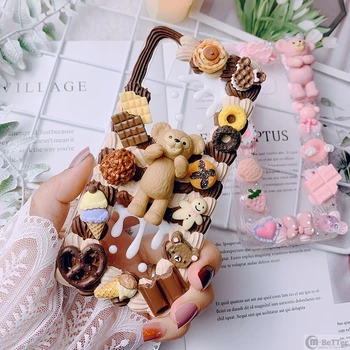 

DIY case for Xiaomi C9 lite 3D bear phone cover Mi 8/9se handmade creamy shell Redmi Note7/8 gift chocolate K30 F1 Candy Food