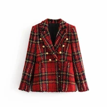 Зимний винтажный Красный твидовый Блейзер, женское клетчатое пальто, винтажный плотный офисный костюм, куртка, спринт, женские блейзеры и куртки