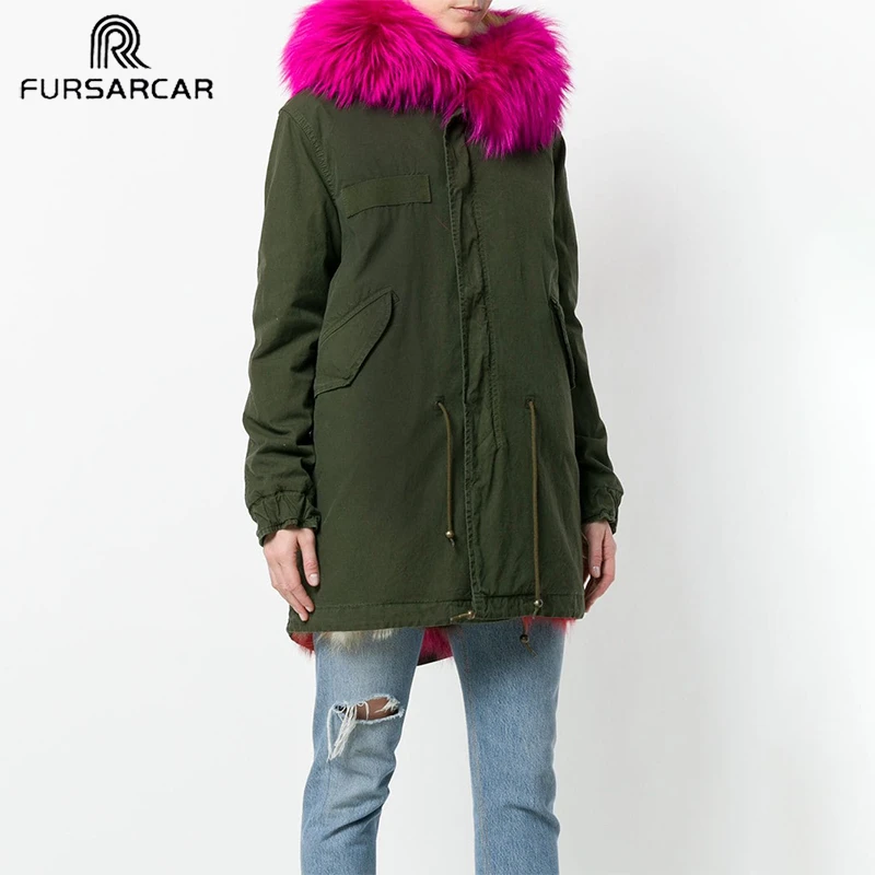 FURSARCAR модная новая настоящая меховая парка Женская Роскошная зимняя куртка 80 см с воротником из меха енота и манжетами Повседневная теплая меховая парка