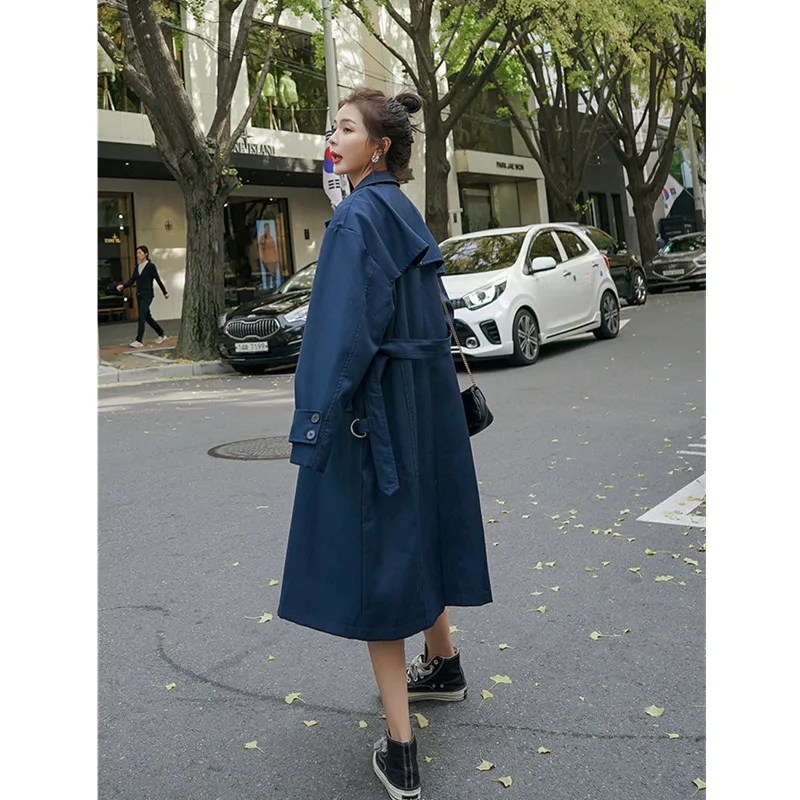 

Blue Trench Coat Women Long Spring Coat 2021 Double-breasted Suit Collar Women Coat Autumn Trench Coat Long Sleeve Windbreaker