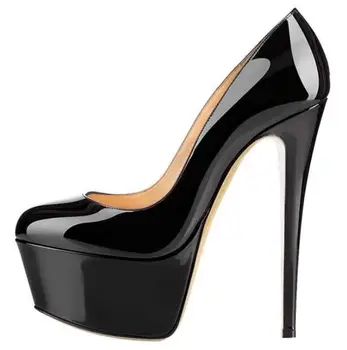 

Sexy Black Patent Leather Women's High Heels Pumps High Platform Stiletto Slip On Wedding Shoes Bride Round Toe Dress Shoes