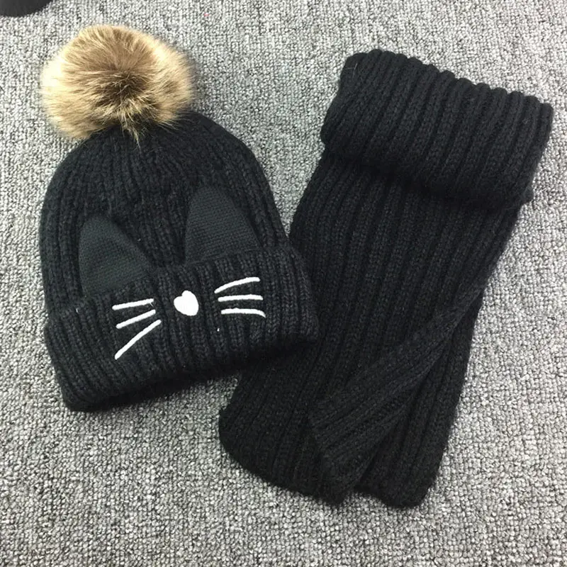 Cute Cat Ear Beanie Scarf Set for Kids Girls Winter Pom Pom Hat and Scarf 2 Pieces Knitted Beany and Scarf Set - Цвет: Черный