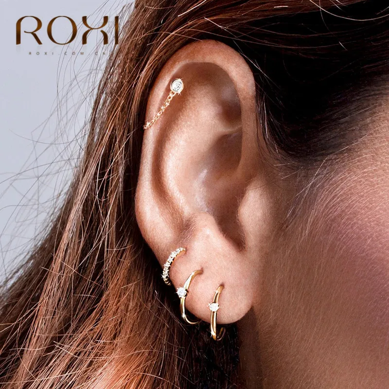 ROXI женские золотые CZ радужные серьги-гвоздики 925 пробы Серебряные Красочные Кристальные круглые серьги женские Геометрические корейские серьги