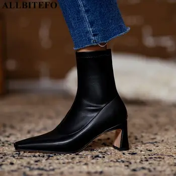 

ALLBITEFO fashion barnd high heels Elastic material ankle boots for women autumn women high heel shoes thick heels women boots