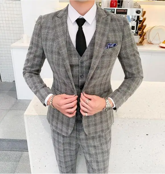 acket Pants Vest 3 pieces sets / fashion new men's casual boutique business grid suit suits Blazers trousers waistcoat 5XL - Цвет: Серый