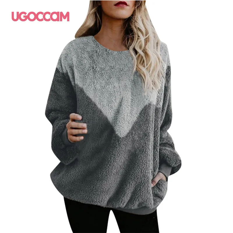 double grey UGOCCAM Женская толстовка с v-образным вырезом, Модные осенние свободные пуловеры, пальто, женская блузка, женские джемперы, женские топы - Цвет: double grey