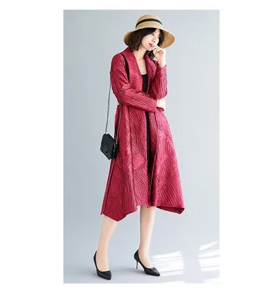 Miyake/Модная однотонная куртка с v-образным вырезом и длинными рукавами, свободная Регулируемая хлопковая ветровка - Цвет: Бургундия