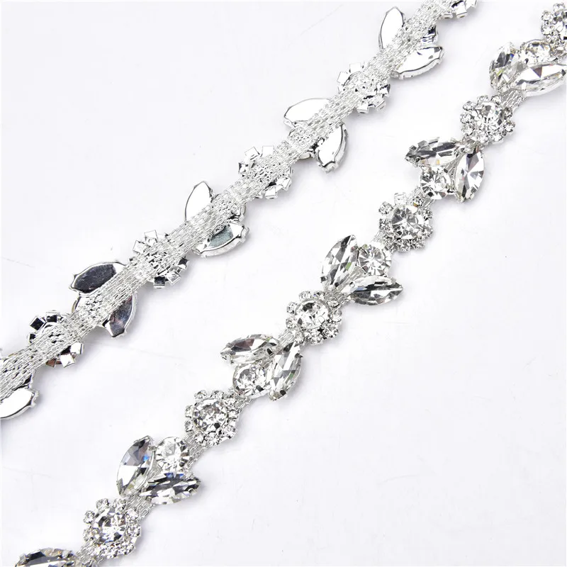 crystal with silver Круглая Цветочная цепочка из горного хрусталя шириной 20 мм, разноцветное платье для волос в виде конского глаза, украшение воротника, аксессуары для шитья, 1 ярд - Цвет: crystal with silver