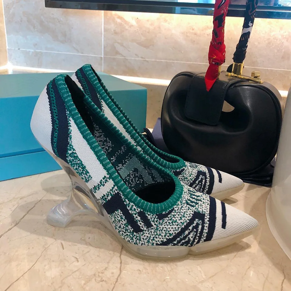 

BELLECOM 2019 Early Autumn New Type Women's Shoes Tip Thick-heeled Embroidery Knitted Single Shoes Shallow High-heeled Shoes