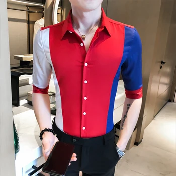 

British Men Top Slim Fit Splicing Flower Shirt Brand Men Shirt Slim Fit Half Sleeve Shirts Men Dress Social Blouse Chemise Homme