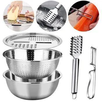 

Kitchen Grater Set with Stainless Steel Drain Basin for Vegetables Fruits Wash Cutting