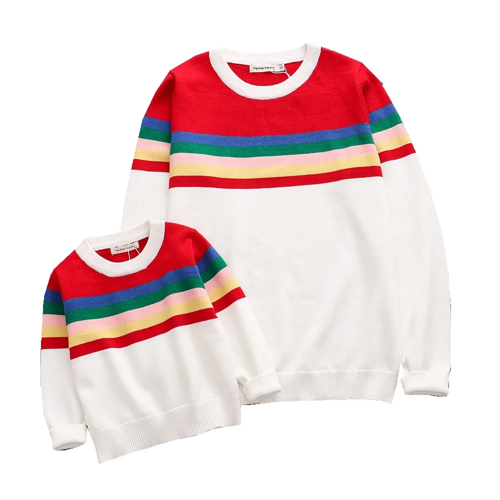 

Ins Children's Sweater Spring And Autumn Rainbow Stripe Bar Parent-child Knitted Sweater Pullover Children's Sweater Cotton