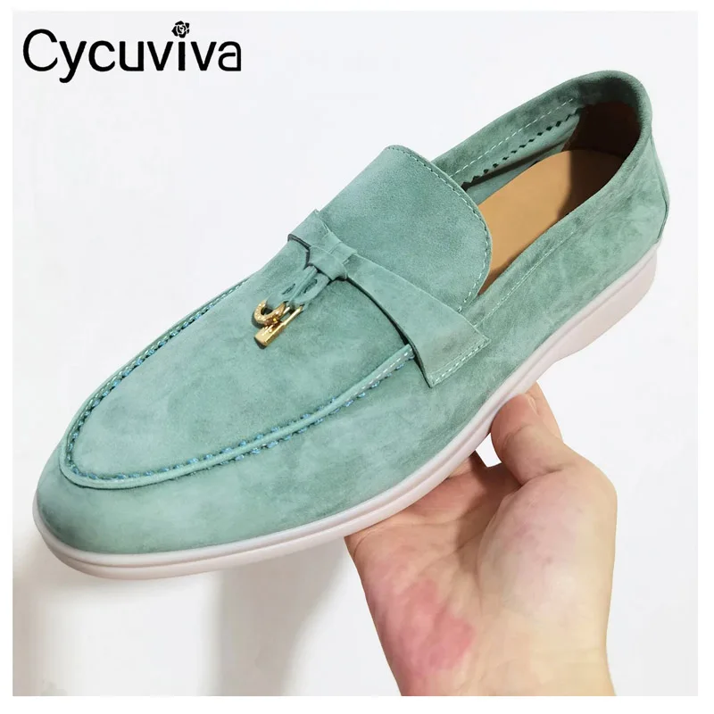 

Hot Sale Kidsuede Leather Flat Shoes Round Toe Casual Shoes Woman Metal Lock Slip-on Ladies Loafers Mules Runway Walk Flat Shoes
