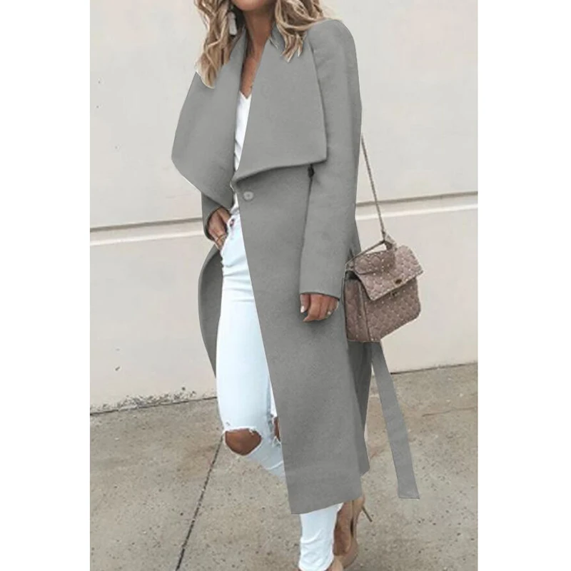Gray 2XL тонкая офисная куртка осень зима с одной пуговицей женское длинное пальто с отложным воротником новое шерстяное пальто размера плюс M0110 - Цвет: Gray