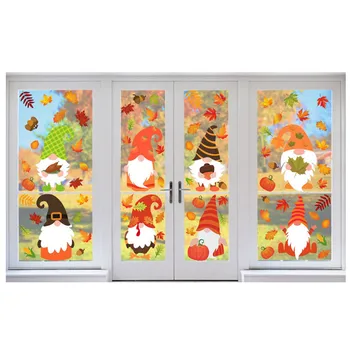 

Thanksgiving Day Wall Stickers Cute Cartoon Swedish Gnome Pumpkin Fall Leaves Wall Decals for Home Window Clings Festival Decor