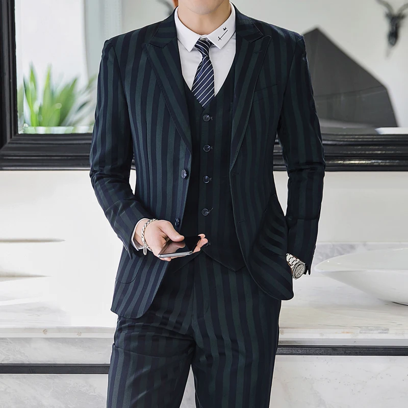 

5XL Latest Coat Pant Designs Striped Mens Suits Traje Hombre Formal Business Suits Slim Fit Social Dress Italian Green Tuxedo