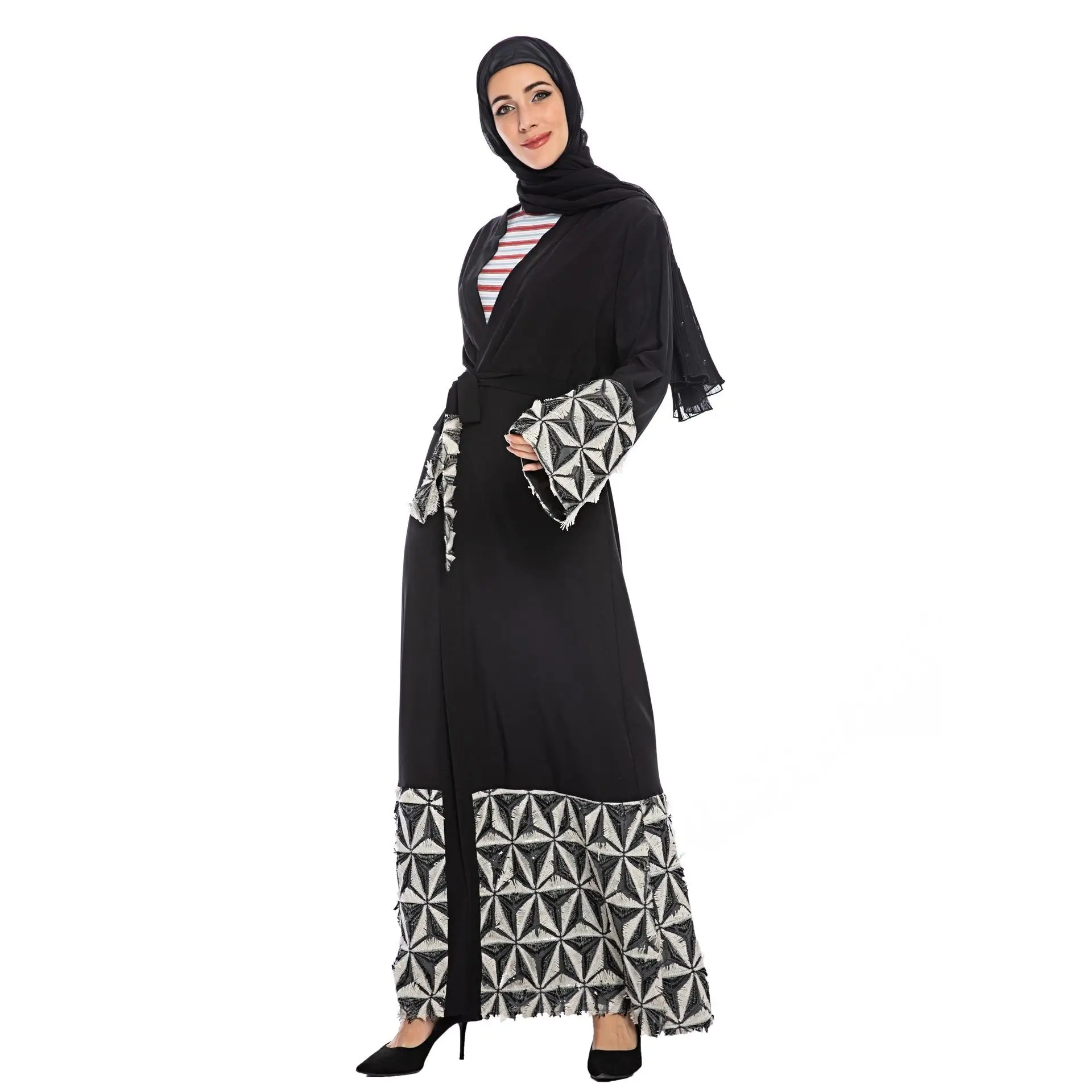 Дубай открытый абайя кимоно кафтан мусульманских женщин длинный кардиган исламское Макси платье лоскутное длинный рукав халат платье