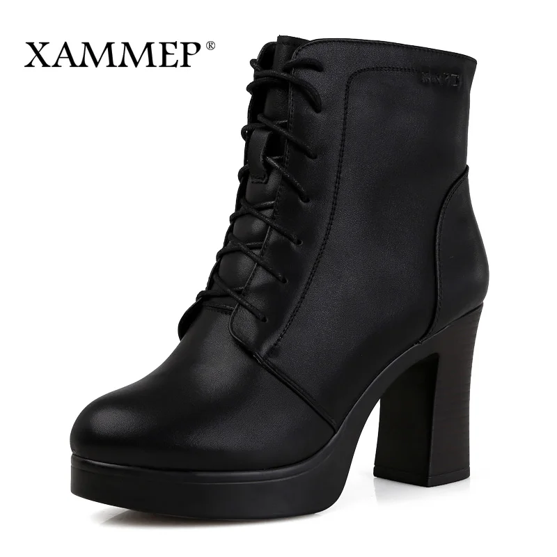 Женская зимняя обувь; женские ботинки из натуральной кожи и шерсти; Брендовая женская обувь; кожаные ботинки на платформе среднего и маленького размера; размеры 42, 43; Xammep - Цвет: Black