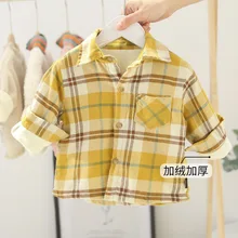 Зимние модные плотные рубашки в клетку для мальчиков, детская хлопковая теплая рубашка с длинными рукавами, От 0 до 6 лет