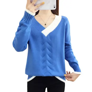 

Hot 2019 New Women Loose Knit Sweater Autumn Winter Patchwork V-neck Female Pull Short Sweaters Jumpers Casual Pullover Tops