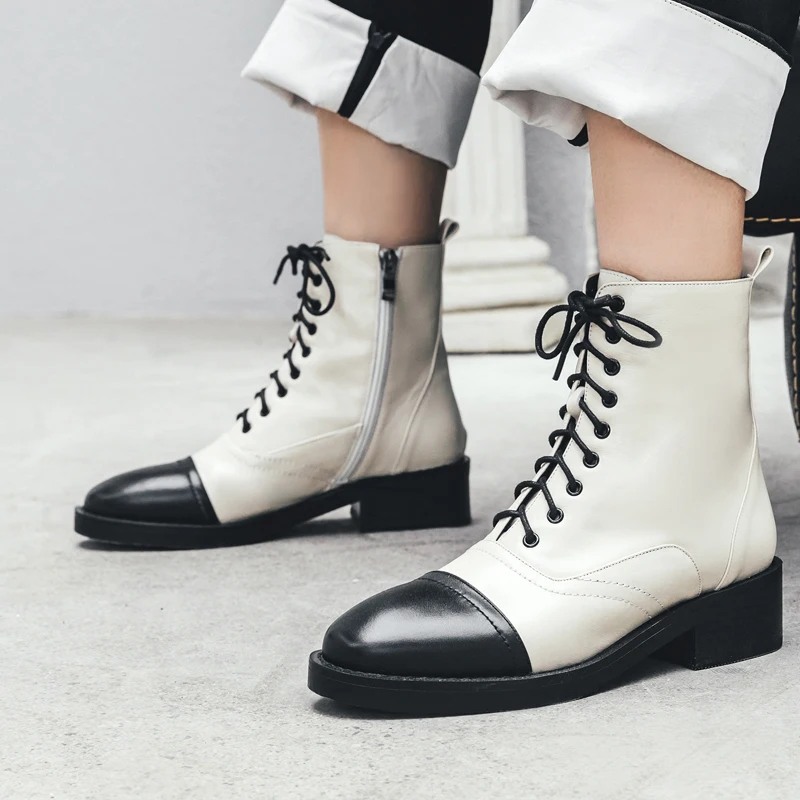 

AIWEIYi Ankle Boots Square Toe Women Boots Lace Up Flat Heels Combat Black Shoes Woman Botas Mujer Martin Motorcycle Boots