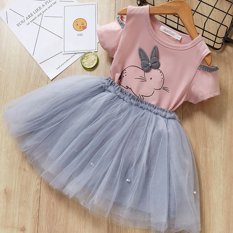 Платье для девочек; коллекция года; летний комплект одежды для детей; футболка с милым кроликом и платья с вуалью для девочек