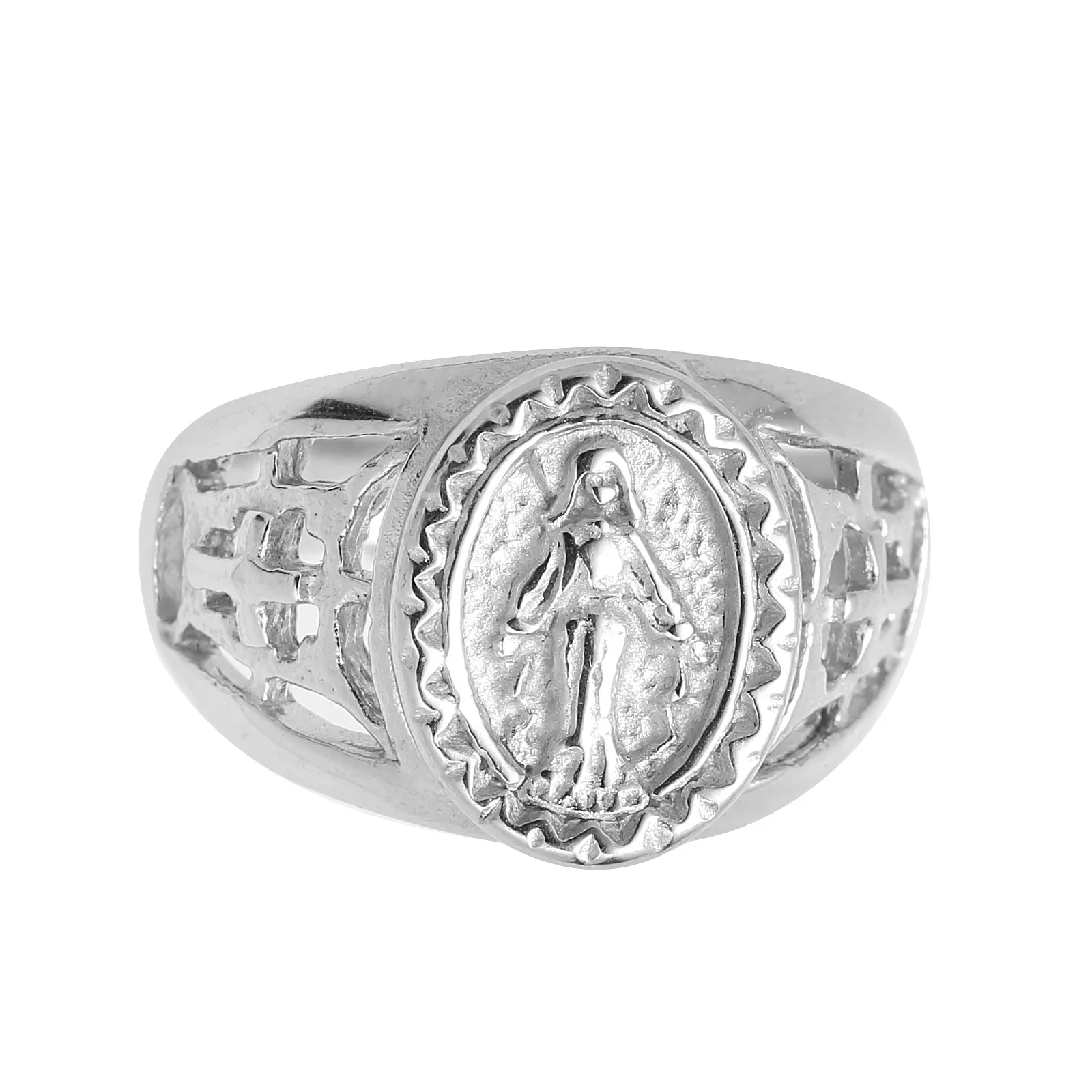 

Personality Stainless Steel Maria Ring Hollow Cross Carved Anniversary Ring for Men Women Religious Jewelry Hip Hop Ring