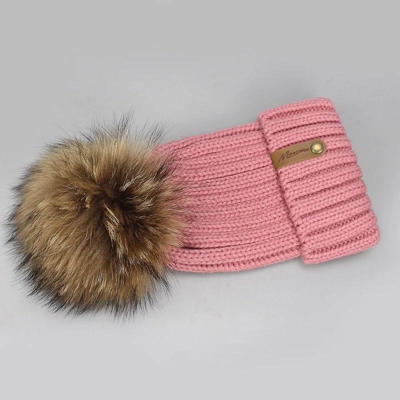 Parent-child Real Fur Pompon Skullies Beanie Hat Winter Knitted Warm Thick Beanies For Women And Child Solid Crochet Slouch Caps - Цвет: K