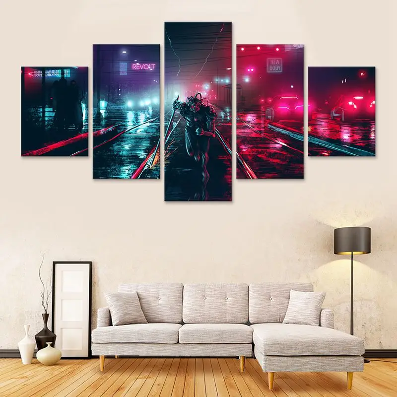 5 Pieces Pictures Living Room Modular Printed Painting Abstract Cyberpunks Neon Wall Art Canvas Framed Ready To Hang Home Decor | Дом и сад
