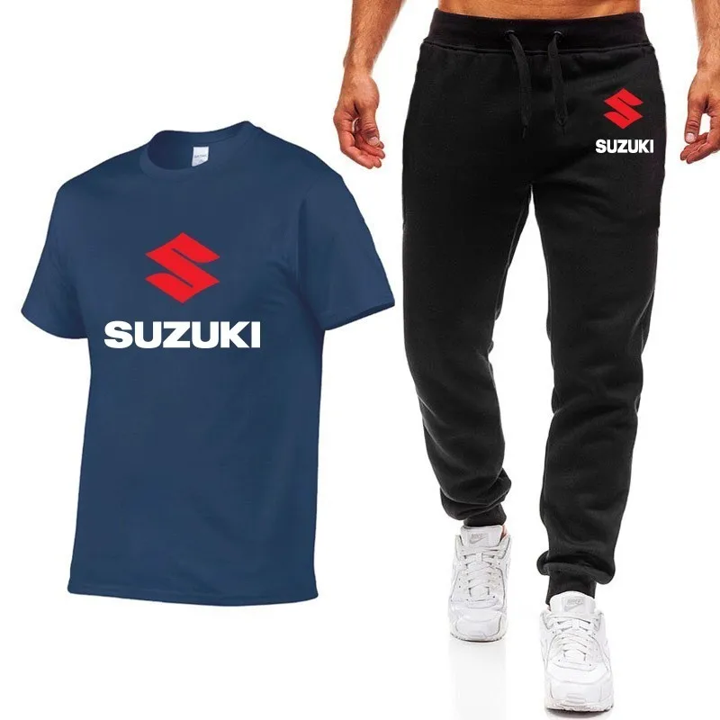 Navy Популярные летние мужские футболки с логотипом SUZUKI, Повседневная хлопковая футболка с коротким рукавом высокого качества, штаны, мужская одежда - Цвет: Navy